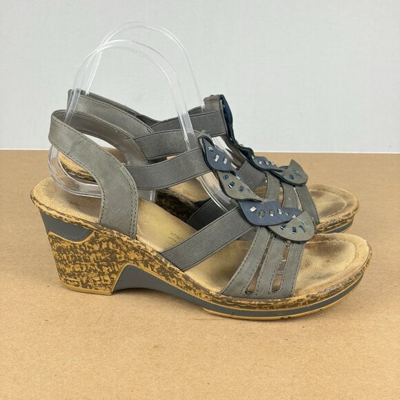 Rieker Wedge Slingback Leather Sandals Womens 8.5 EU 40 Gray Blue Tan Open Toe - Picture 3 of 9
